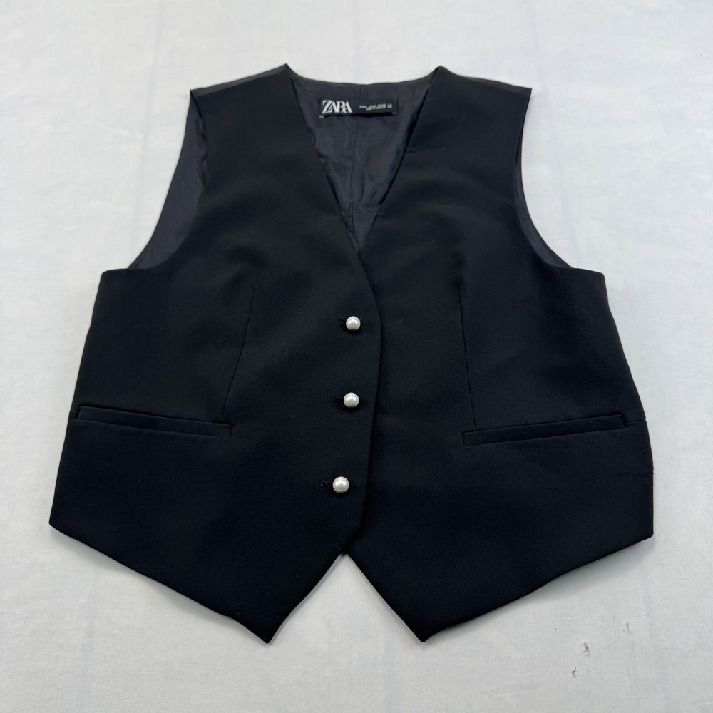 Zara Womens M Black Tailored Vest Pearl Button Sleeveless Waistcoat